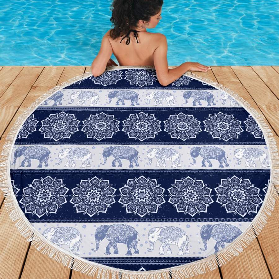 Elephant Blanket Flower Navy Beach Blanket Towel Picnic Yoga Outdoor Mat