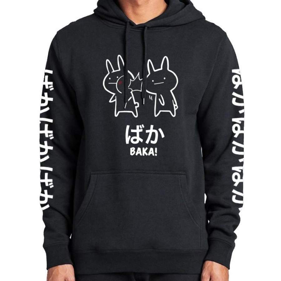 Baka Rabbit Hoodies Japan Anime Funny Cute Thick Hoody High Quality Black Japanese Sweatshirt Pullover