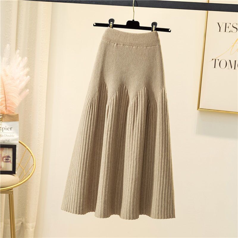 2022 New Autumn And Winter Mid-length Solid Color A-line Skirt Casual All-match Knitted Pleated Half-length Skirt Women alx