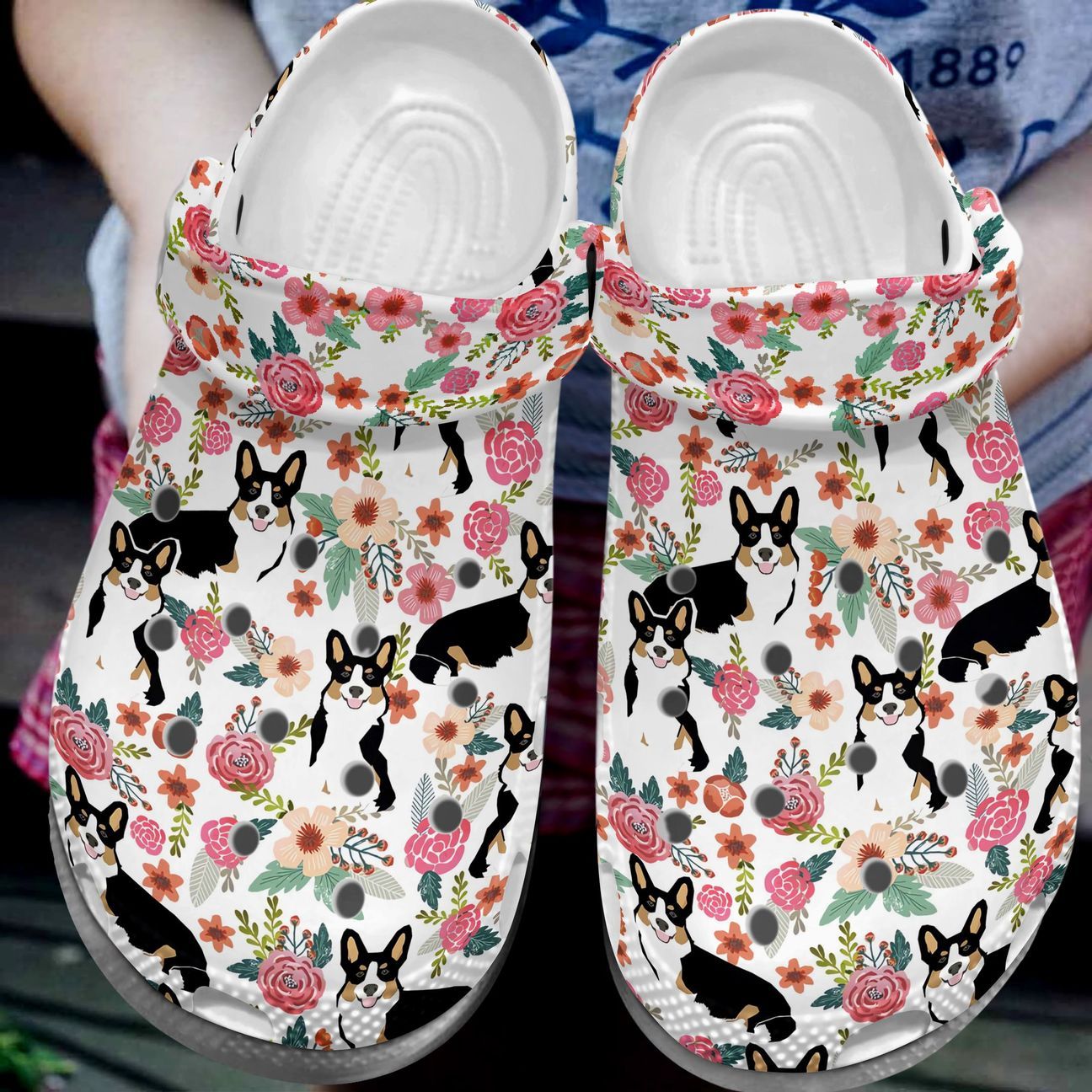 Corgi Personalize Clog, Custom Name, Text, Fashion Style For Women, Men, Kid, Print 3D Flower Corgi