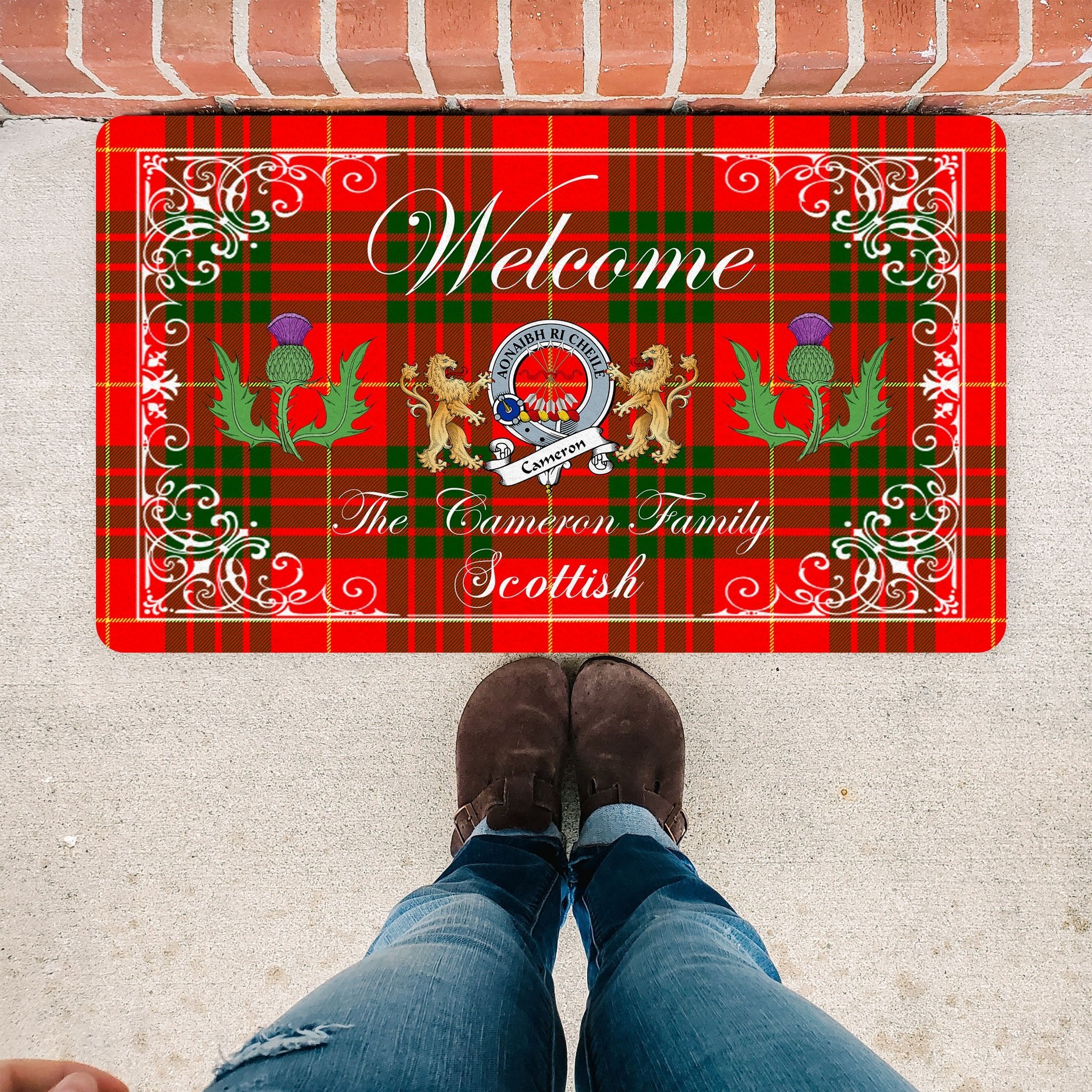 Scotstee Shop Tartan Door Mats Clan Cameron Modern Badge Tartan Thistle And Two Lion Scottish Plaid Doormat, Christmas Door Mat Gift