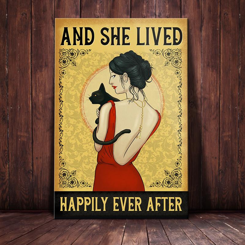 Black Cat Canvas And Poster She Lived Happily Ever After | Art Print | Home Decor | Room Decor | Wall Art