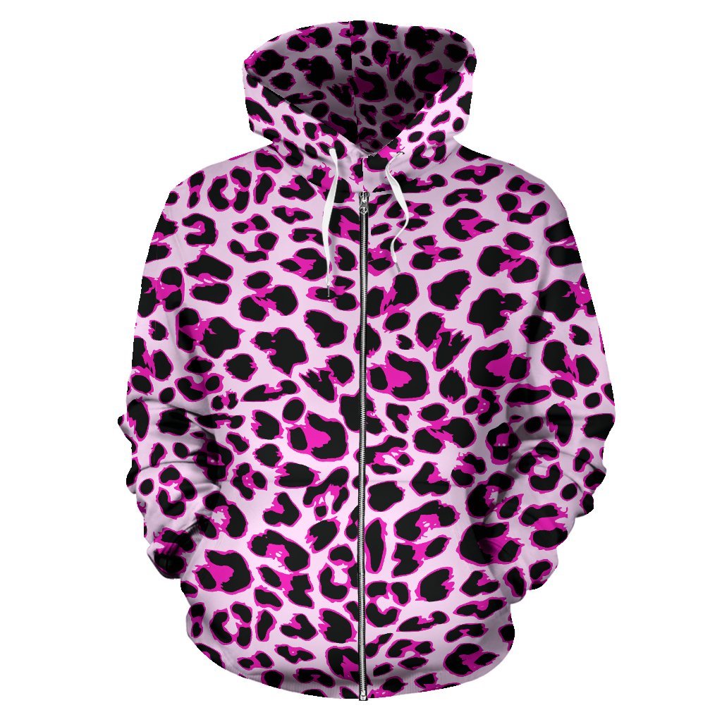 Pink Leopard Print Zip Up Hoodie