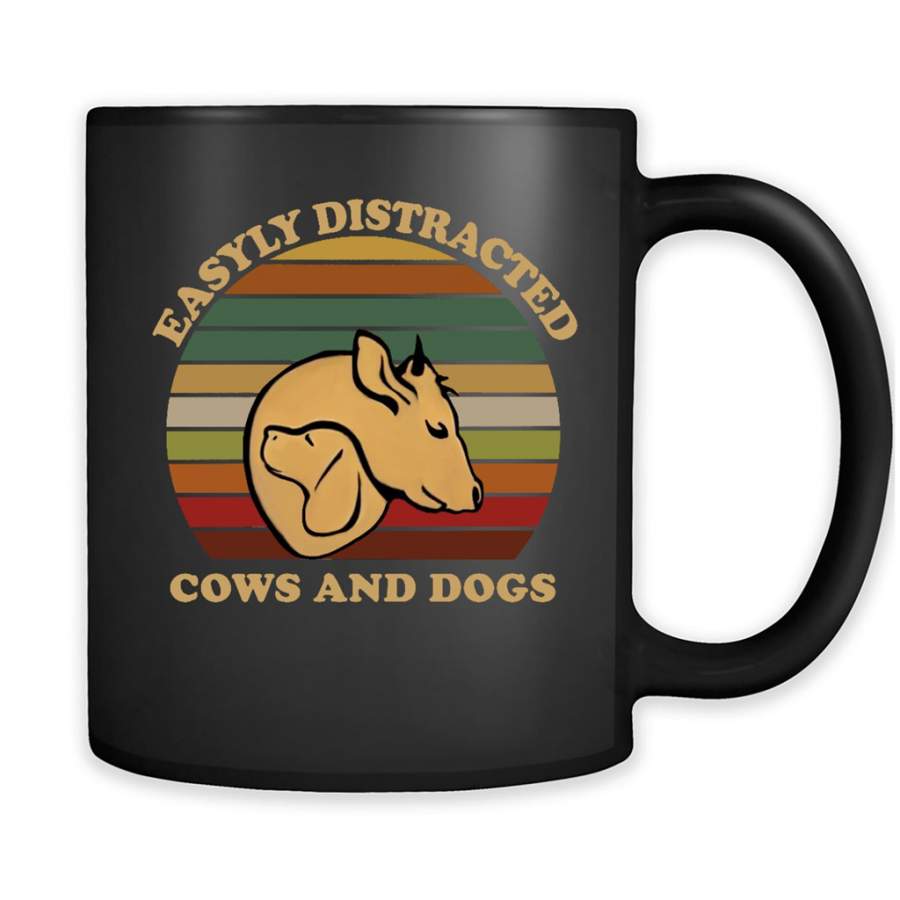 Easily Distracted By Cows And Dogs, Classic Vintage Retro – Full-Wrap Coffee Black Mug