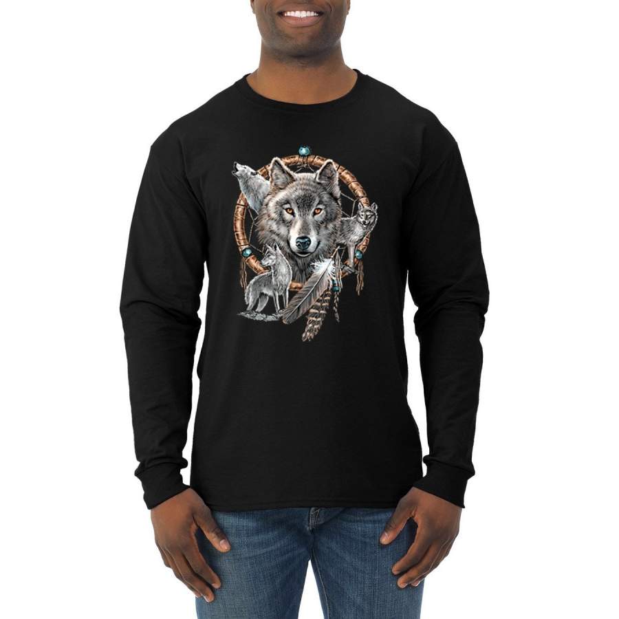 Wolves in Dream Catcher Animal Lover Mens Long Sleeve Shirt