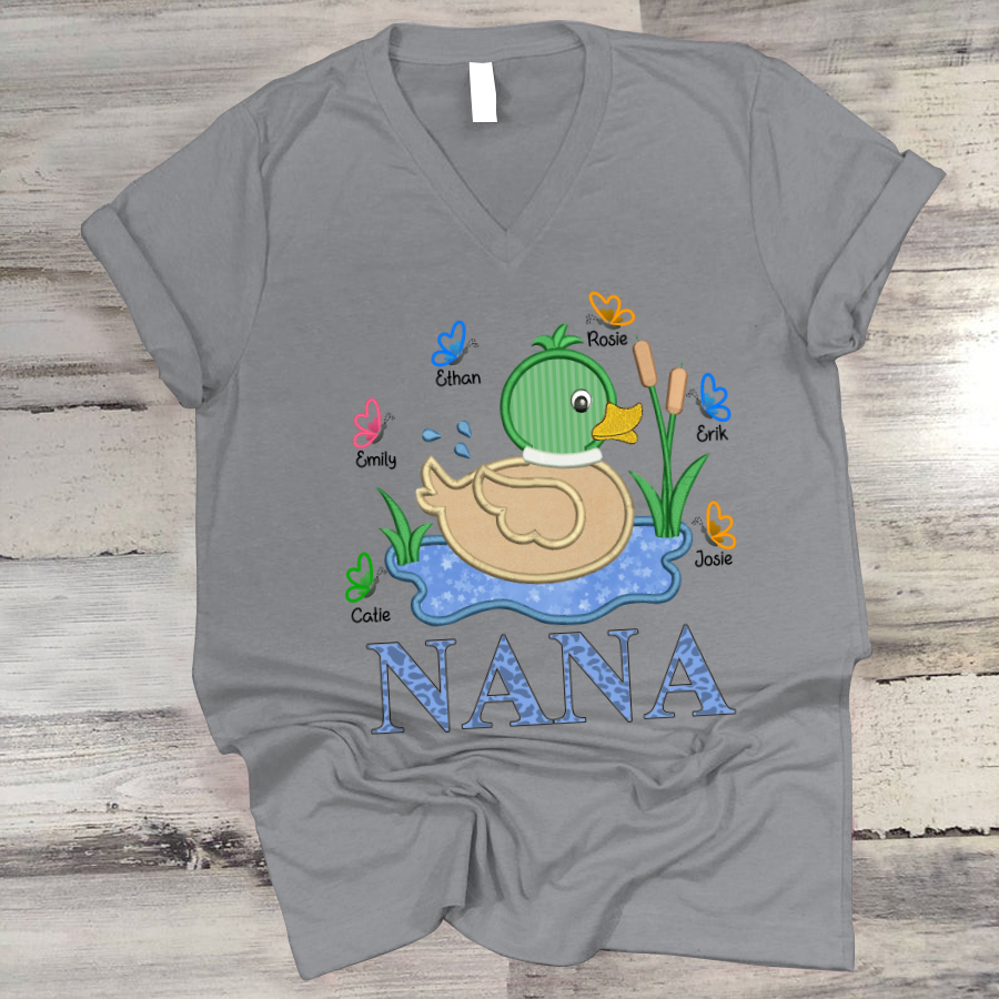 Personalized Nana And Grandkids Mallard Butterfly V-Neck