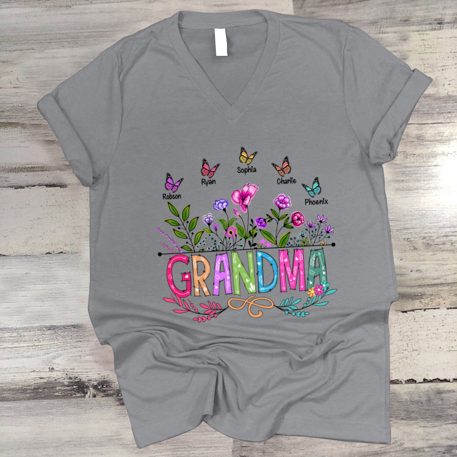 Personalized Grandma And Grandkids Butterfly V-Neck