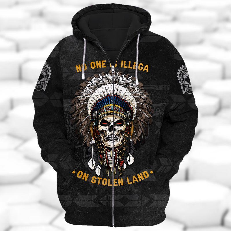 No One Is Illegal On Stolen Land Native American Shirts 3D Zipper Hoodie