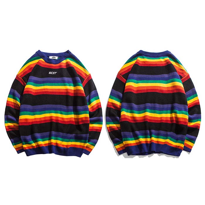 Autumn Men Hip Hop Pullover Sweater Harajuku Retro Rainbow Knitted Striped Sweater Streetwear Couple Fashion Sweater Cotton Tops alx