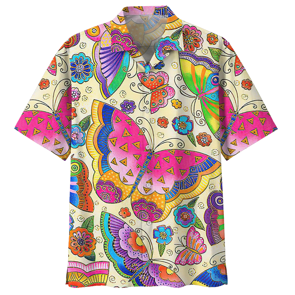 Butterfly Tan High Quality Unisex Hawaii Print Aloha Short Sleeve Casual Shirt Ha31769