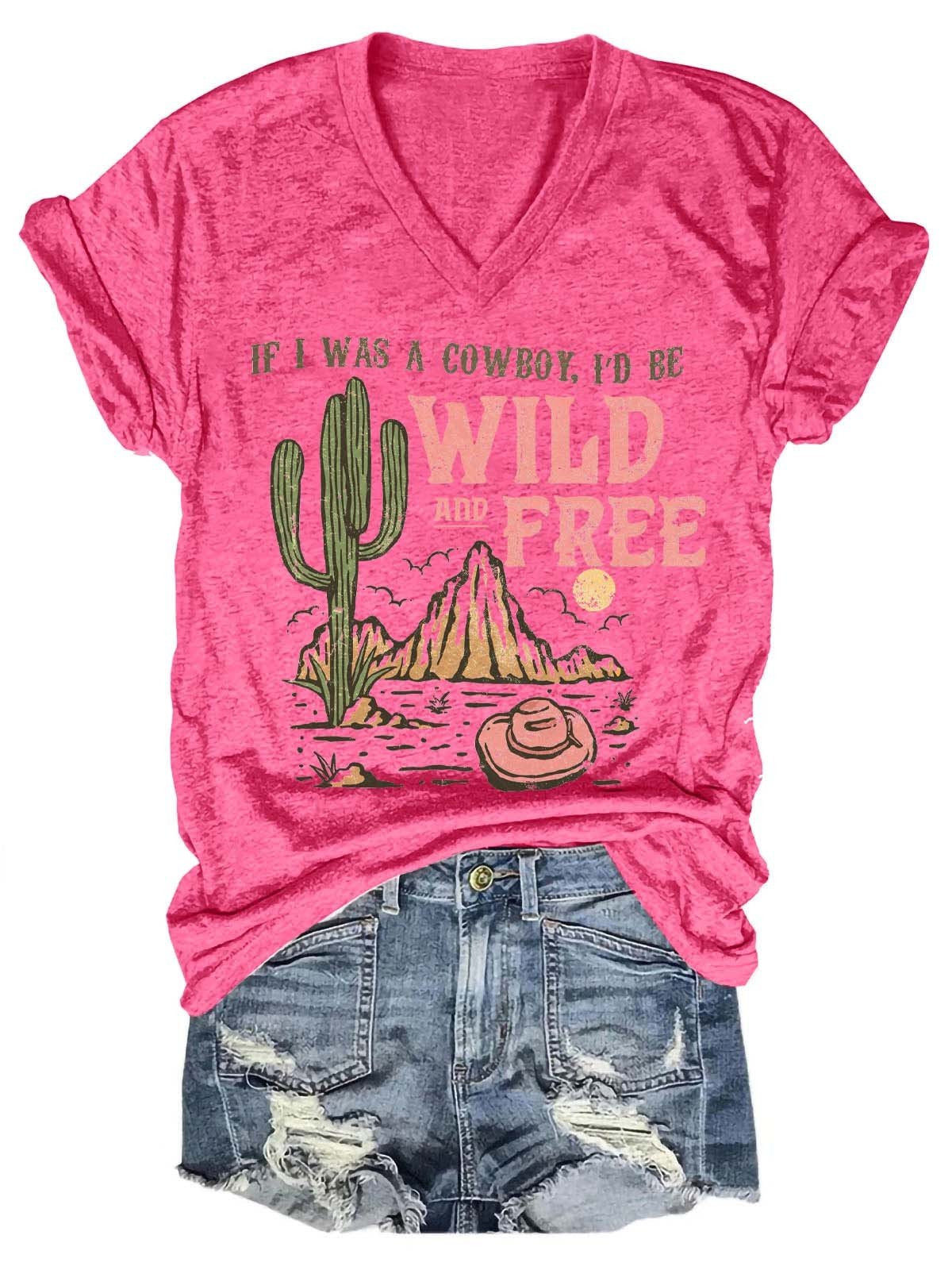 Women’S Wild And Free Cowboy Horses Desert V-Neck T-Shirt