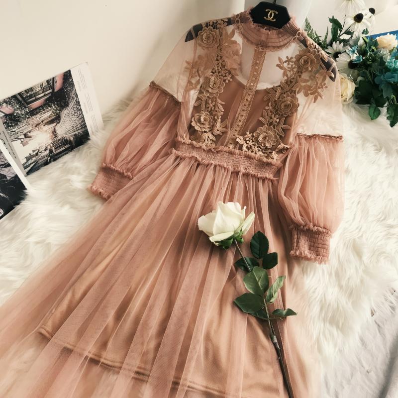 Teenager Lace Flower Dress Long Gauze Lantern Sleeve Voile Girls Long Dress Retro Hook Princess Dress 2 Piece Set for 12-20Y alx