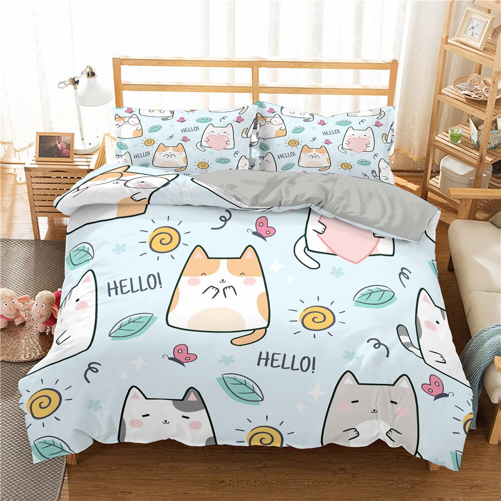 Cute Pet Cats Bedding Set Cartoon Kitten Printed Duvet Cover Pillowcase Set For Girl Twin Full King Double Sizes Home Bedclothes