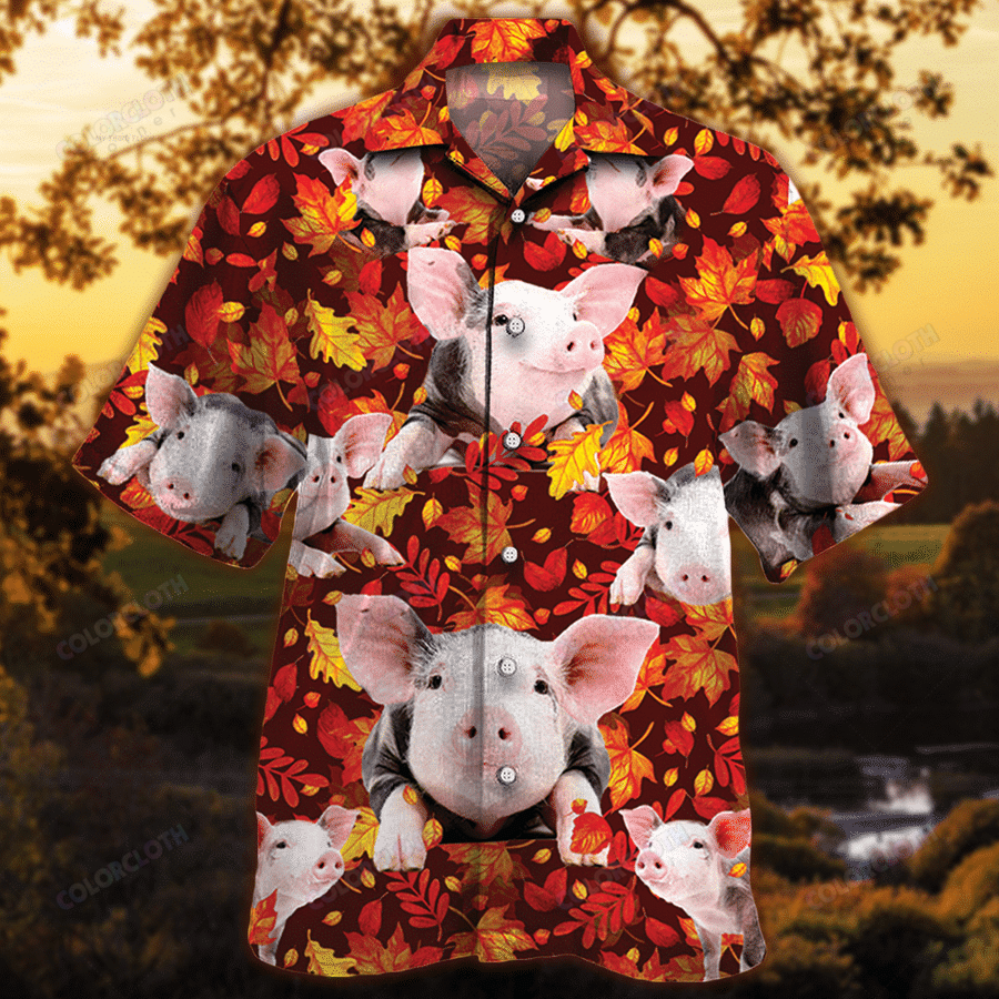 Pig Lovers Autumn Red Leaves Hawaii Shirt Ha79771