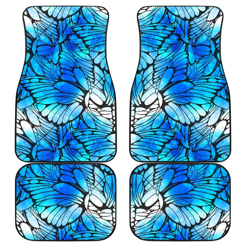 Blue Butterfly Wings Pattern Print Front And Back Car Floor Mats, Front Car Mat