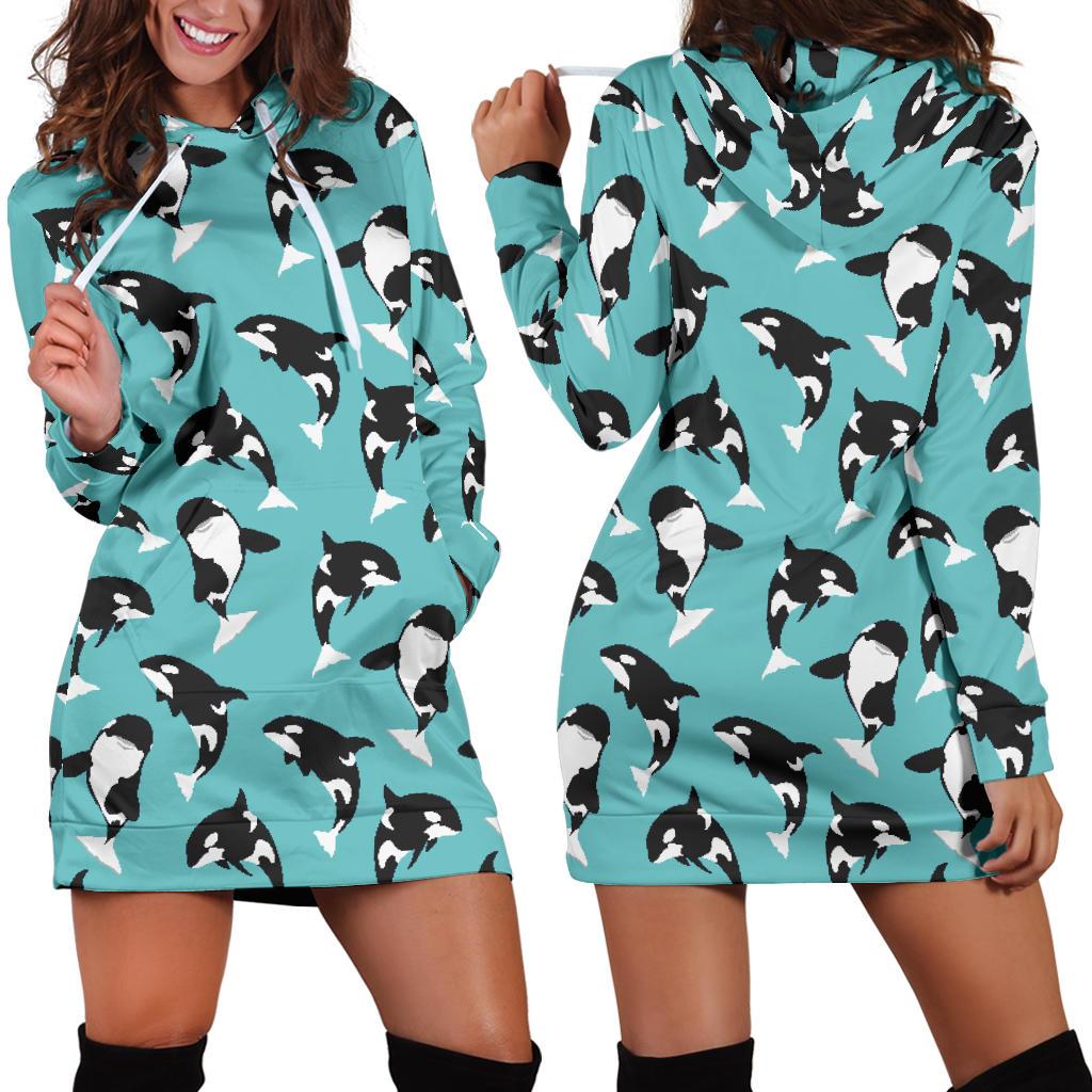 Whale Action Design Themed Print Women Hoodie Dress