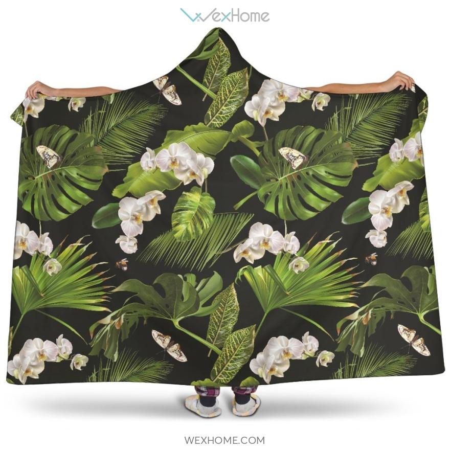 White Orchid Flower Tropical Leaves Pattern Blackground Hooded Blanket