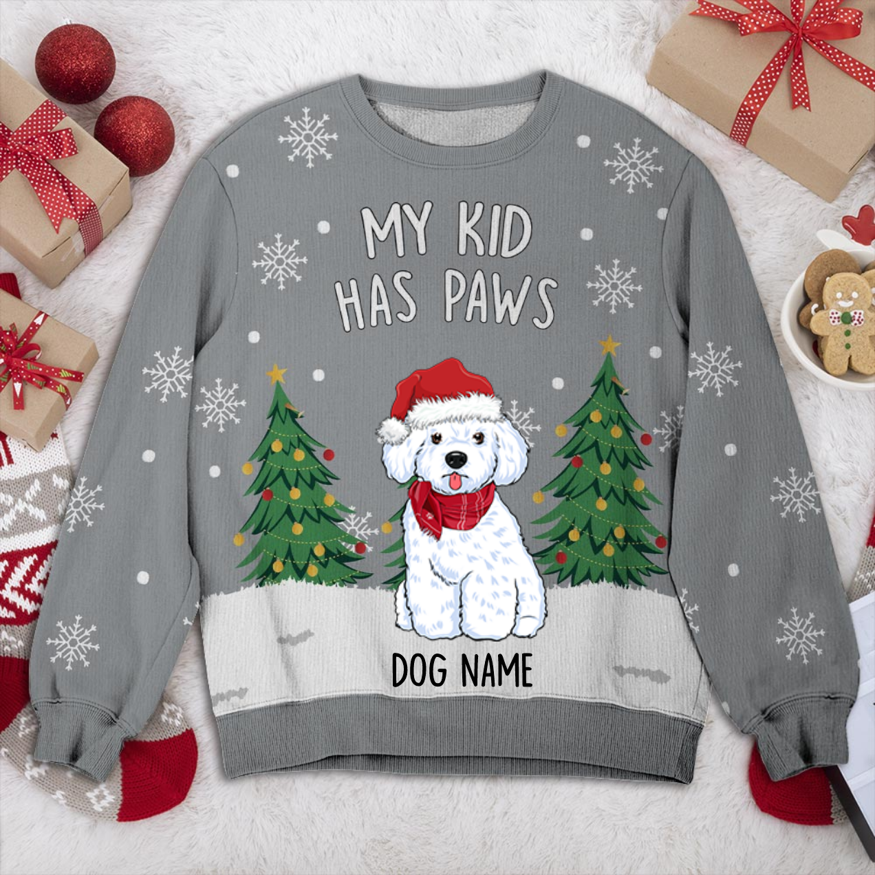 Bichon Frise My Kid Has Paws Personalized Sweater, Dog Ugly Christmas Sweater