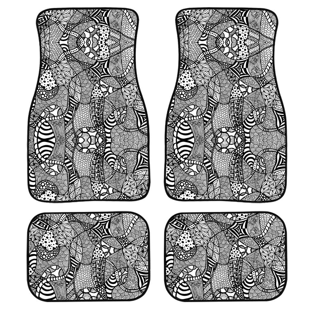 Black And White Zentangle Pattern Print Front And Back Car Floor Mats, Front Car Mat