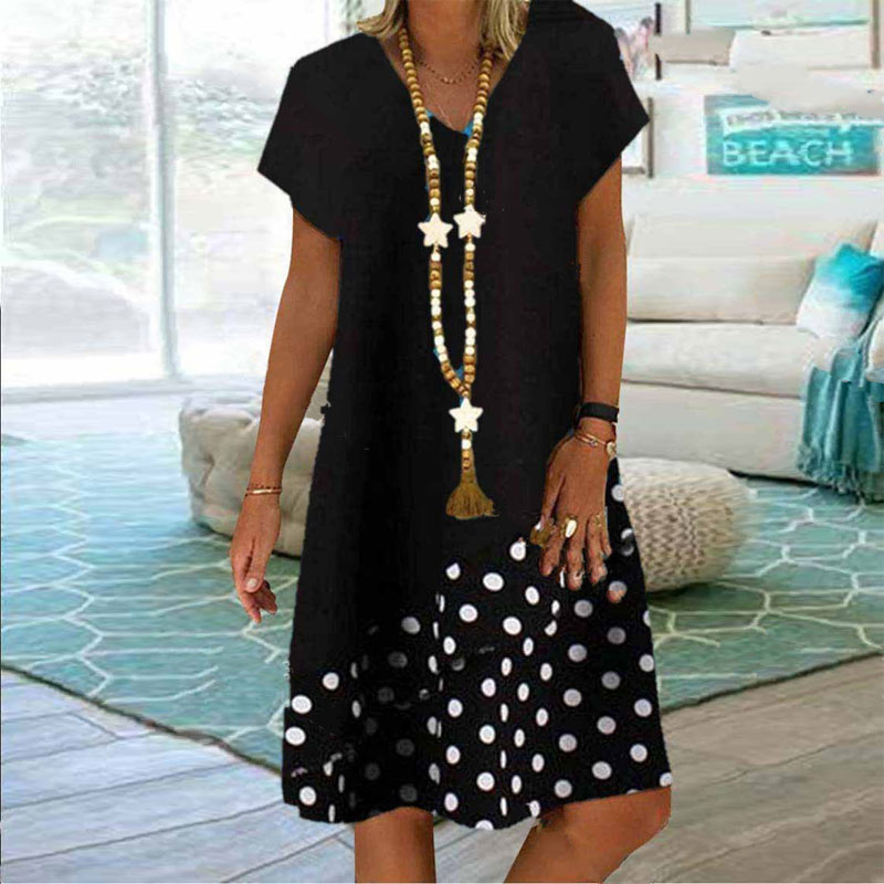 2022 women summer dress Loose short sleeve Polka dots V neck patchwork dresses women clothing dress alx