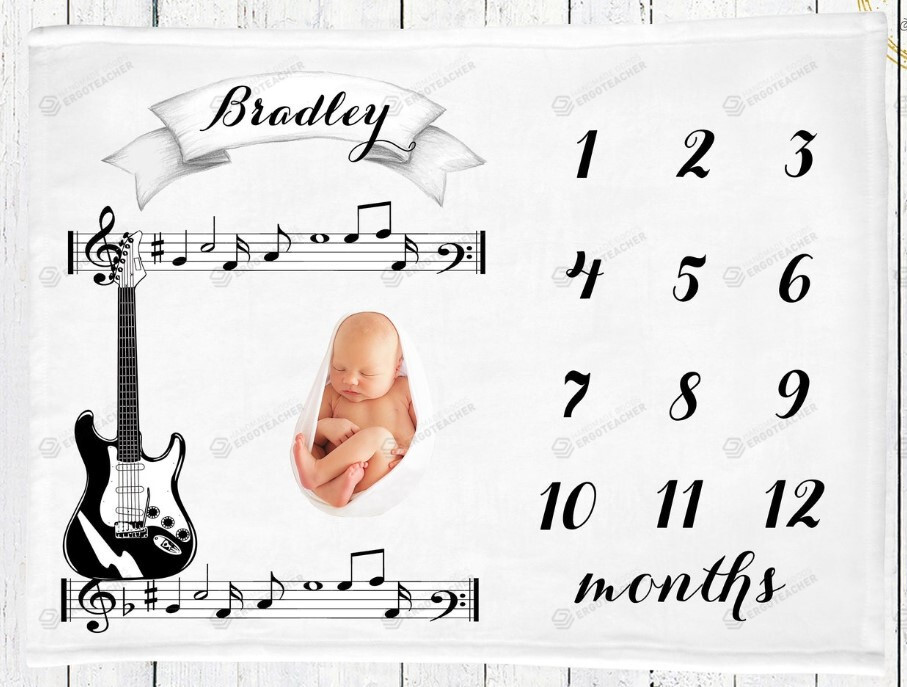 Personalized Guitar With Music Note Monthly Milestone Blanket, Newborn Blanket, Baby Shower Gift Grow Chart Monthly