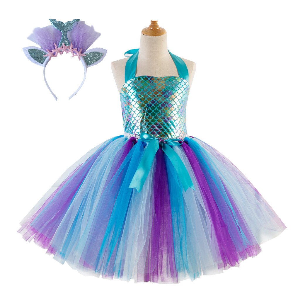 2022 Christmas Children Clothing Mermaid Girls Dress Hand Tied Mesh Cospaly Dress with Headdress alx