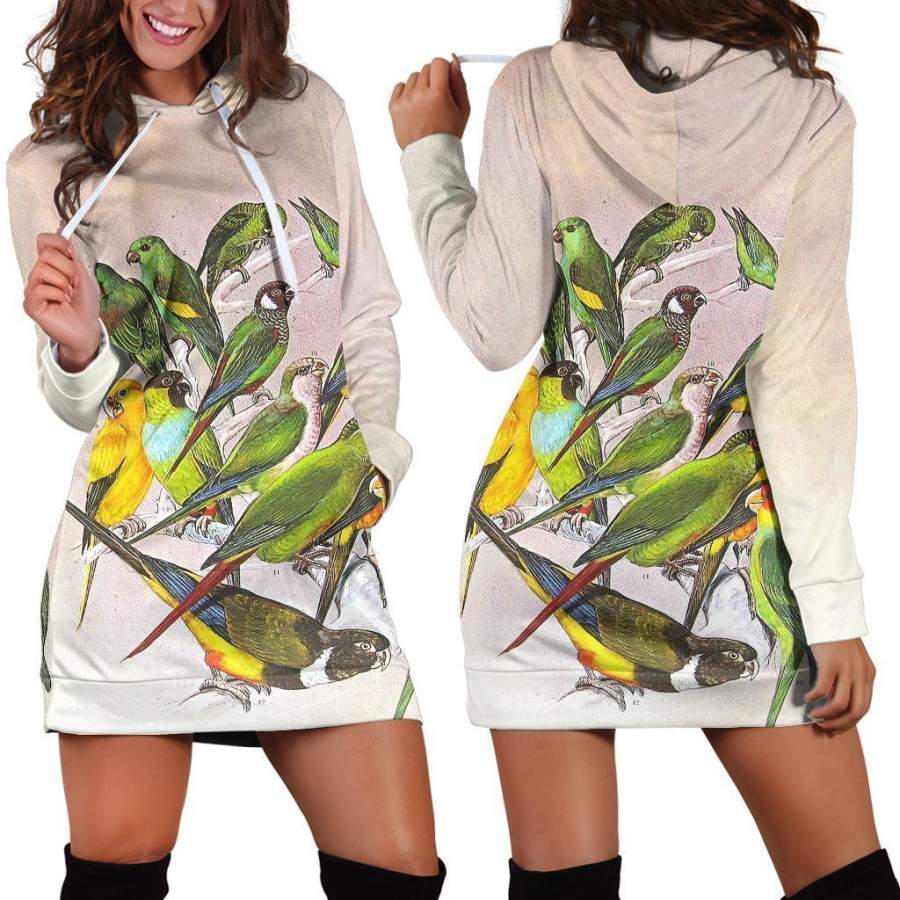 All Over Printed Parrots Hoodie Dress H213B