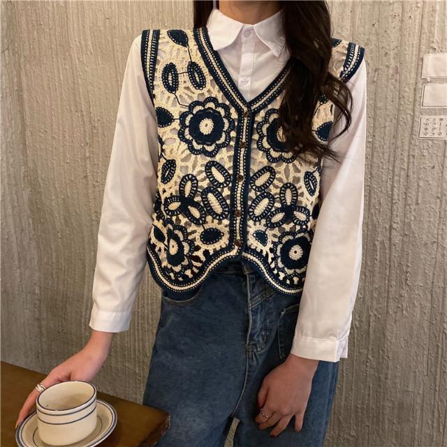 Women Vests Spring Elegant Vintage Patchwork Panelled Modern Design V-neck Hollow Out Irregular Casual Simple Knitted Sleeveless alx