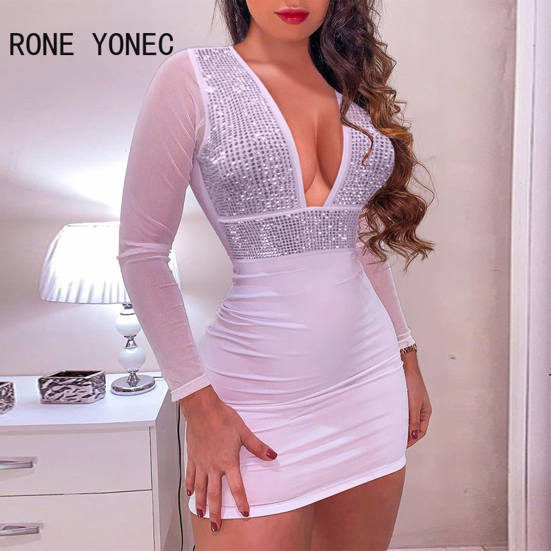 Women Solid Sexy Deep V Neck Rhinestone Long Sleeves Mesh Patchwork Bodycon Mini Sexy Party White Dresses alx