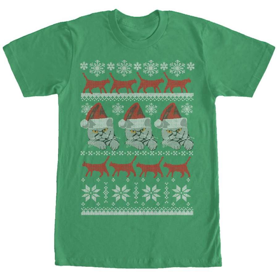 Lost Gods Men’s Ugly Christmas Cat Print  T Shirt Kelly Green