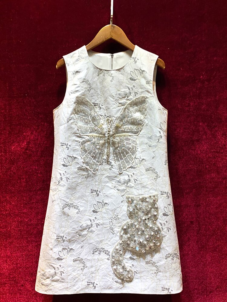 Svoryxiu Fashion Summer Vintage White Mini Dress Women’s Sleeveless Crystal Animal Embroidery Beading Sequin Loose Short Dress alx