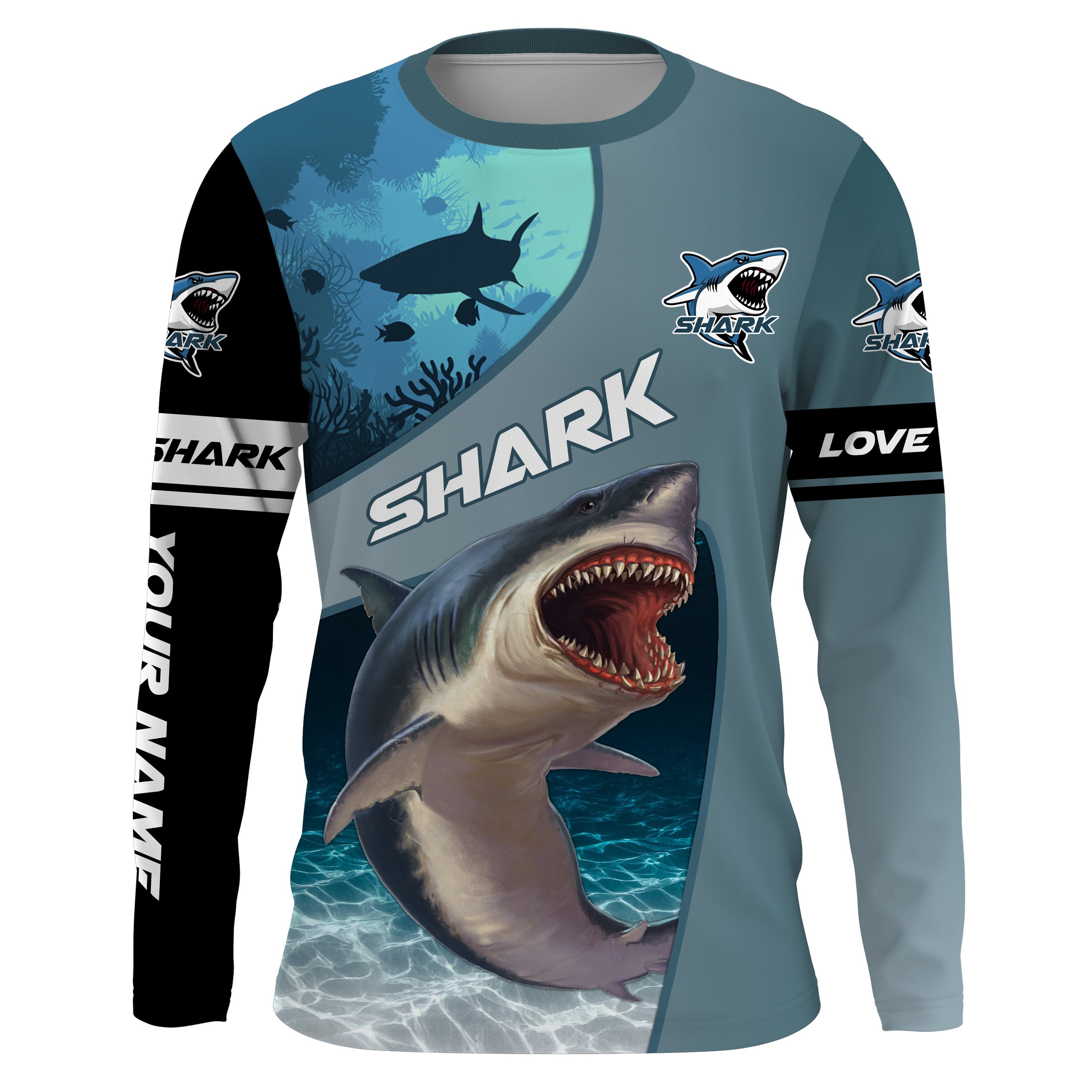 Shark Fishing Ocean Blue Color Custom Name 3D Uv Protection Long Sleeve Fishing Shirts For Men, Women Nqs3036