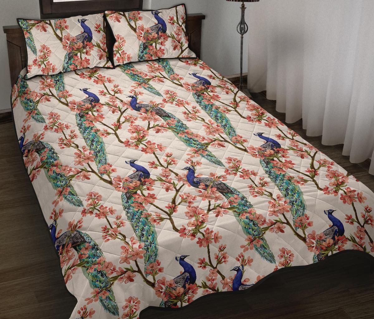 Peacock tropical flower pattern Quilt Bed Set