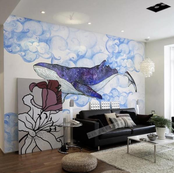 3D Hand Drawing Whales Wall Mural Wallpape 197