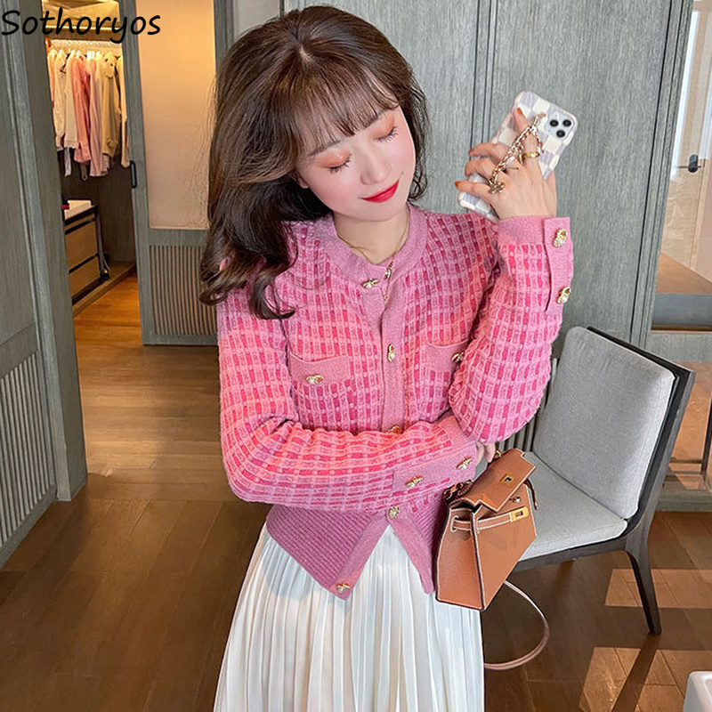 Women Plaid Cardigan Pink Sweet Girl Slim Temperament Crop Top O-neck Knitwear Korean Style Trendy Designer New-arrival Sweaters alx