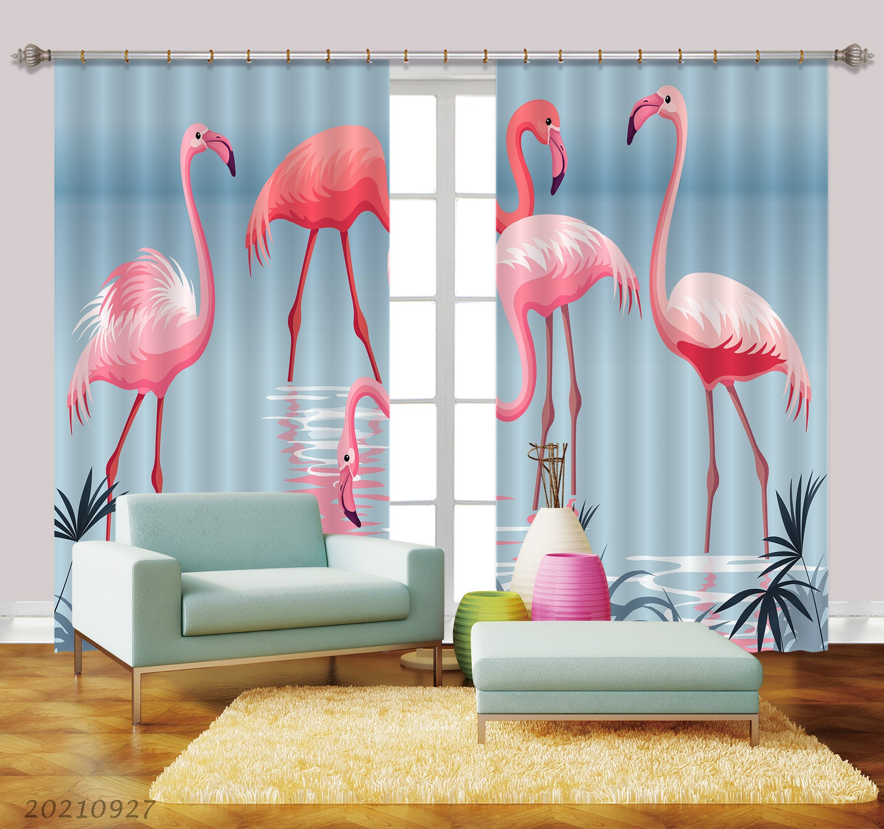 3D Blue Pond Animal Flamingo Curtains And Drapes Lqh 169