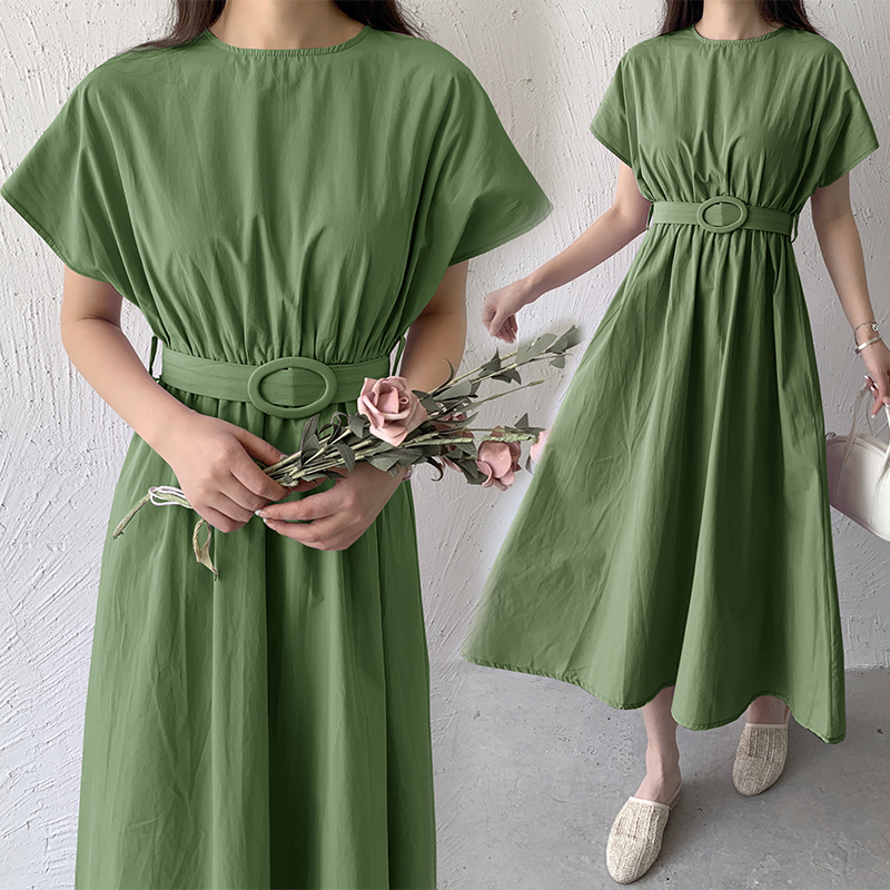 2022 New Arrival Korea Style INS Fashion Chic Girls Cotton Summer Dress Belt Slim Office Lady Work Dress Women Casual Midi Dress alx