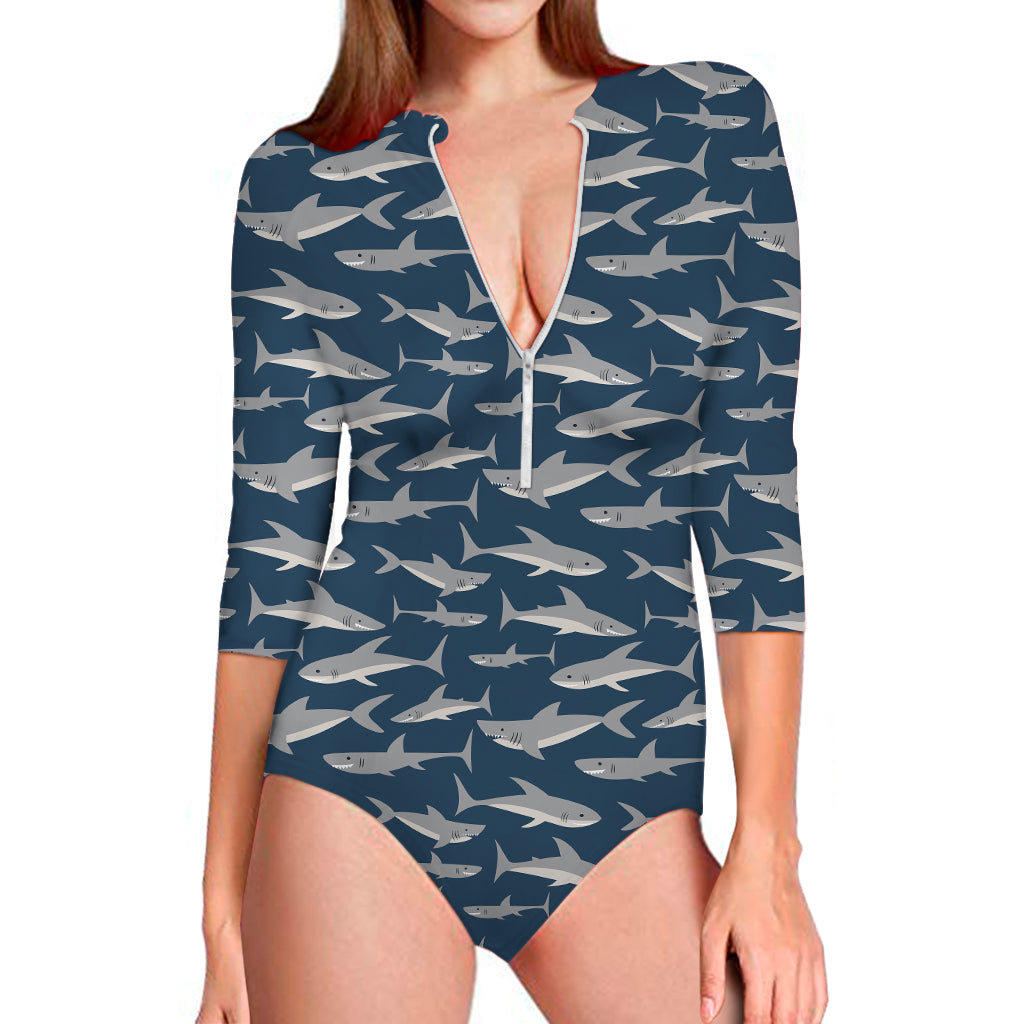 White Shark Pattern Print Long Sleeve One Piece Swimsuit