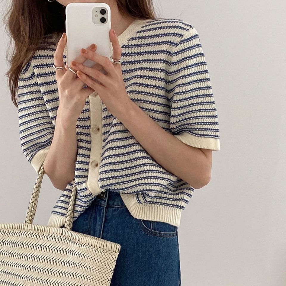 Cardigan Women Summer Breathable Elegant Striped Trendy New Single Breasted Short Sleeve Knitted Jumpers Female O-neck Tender BF alx