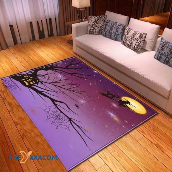 Purple Night And The Flying Witch Happy Halloween Rectangle Area Rug Floor Decor