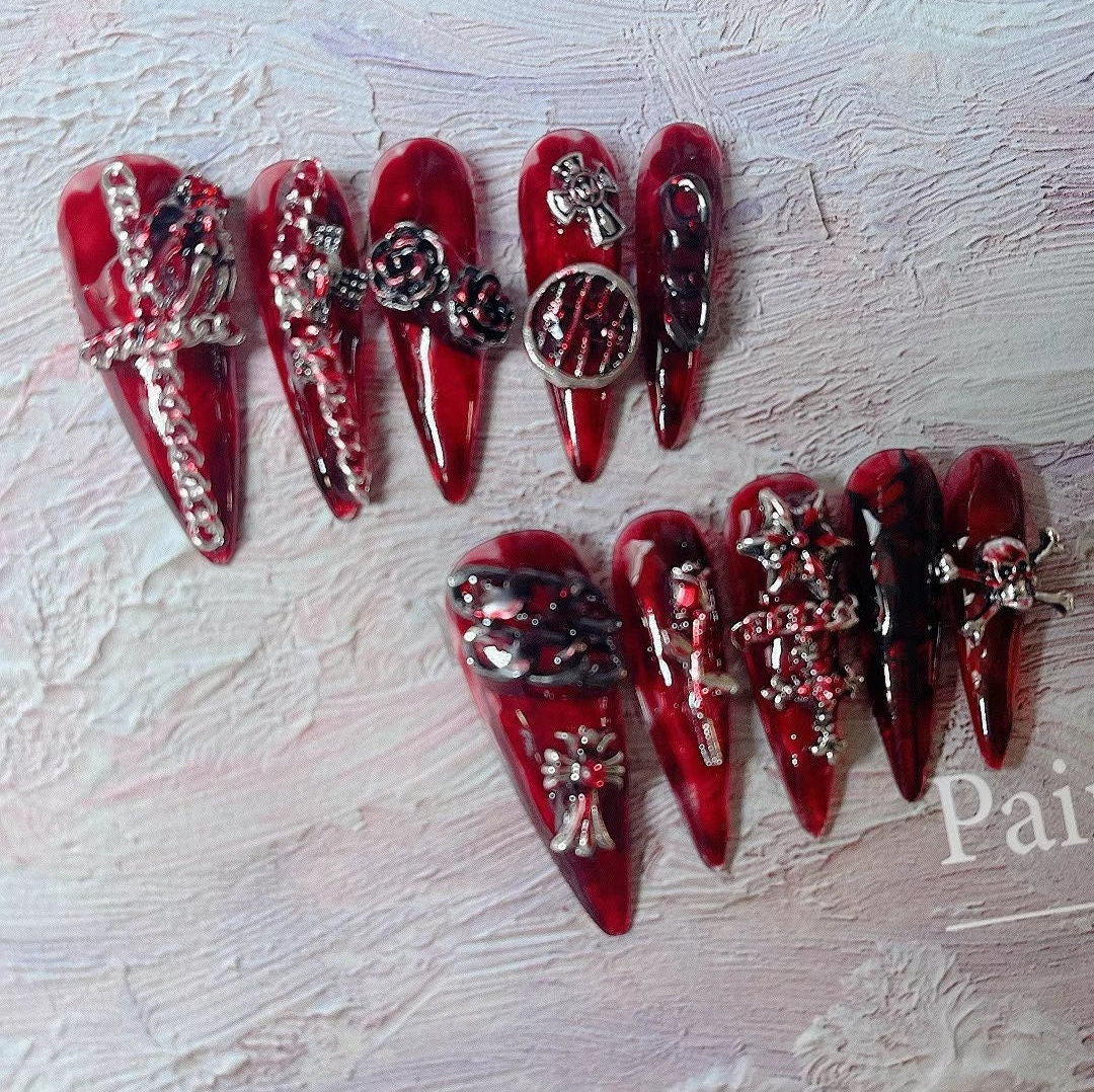 Bloody Skull Press On Nails/ Bloody Valentine Vampire Nails/Blood Splatter Nails/Halloween Nails/Dark Goth nails/ Cold-Blooded nails #103