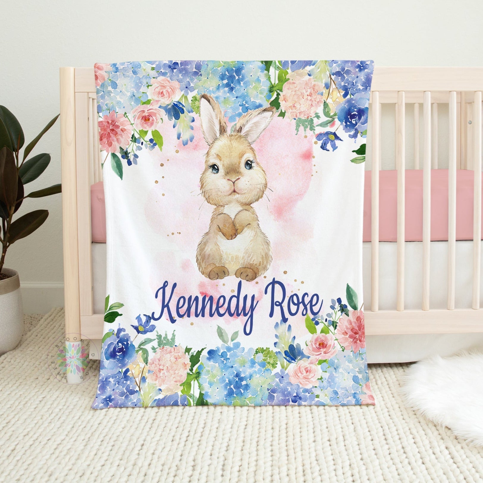 Bunny Rabbit Floral Baby Blanket Blue Coral Blush Pink Flowers, Personalized Baby Shower Gift