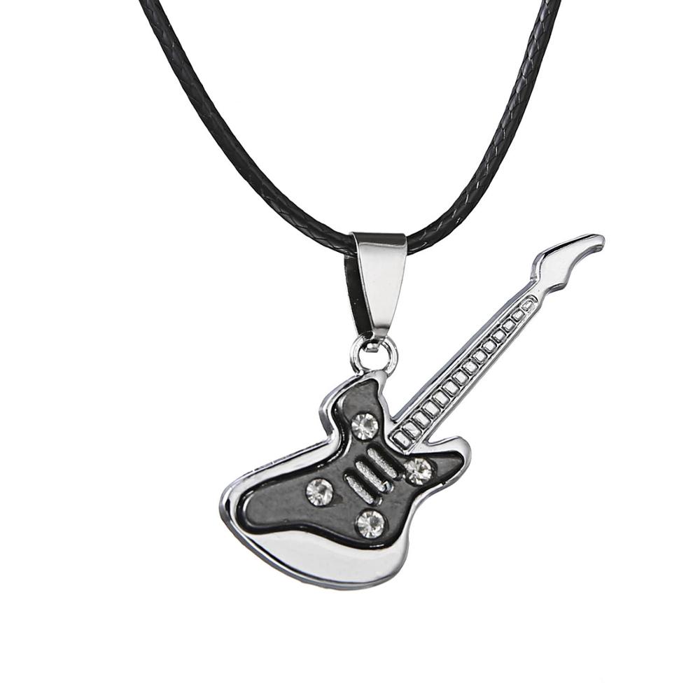 Trendy Guitar Necklace Pendant Stainless Steel Punk Rock Music Jewelry Leather Chain Couple Gift Hip Hop Choker Accessories alx