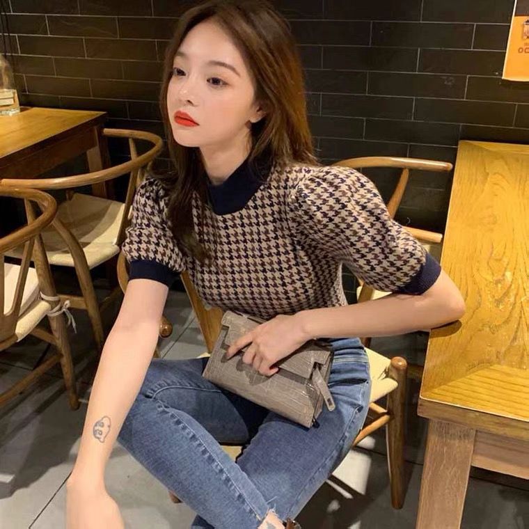 Sweaters Pullovers Women Knitted Houndstooth Vintage Retro O-neck Short Sleeve Lady Korean Style Gentle Tender Chic Female New alx