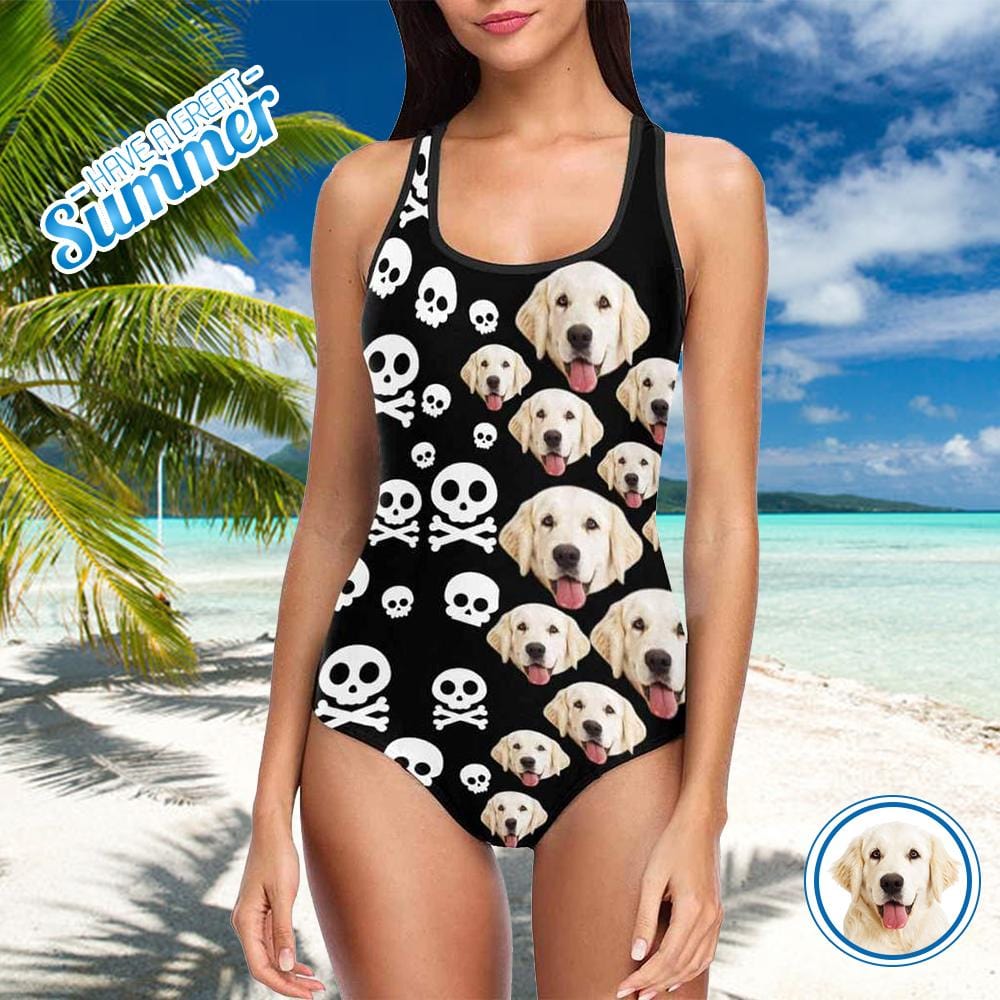 Custom Face Pet Bone Women’S Tank Top Bathing Swimsuit, Gift For Dog Lover, One Piece Dog Swimsuit