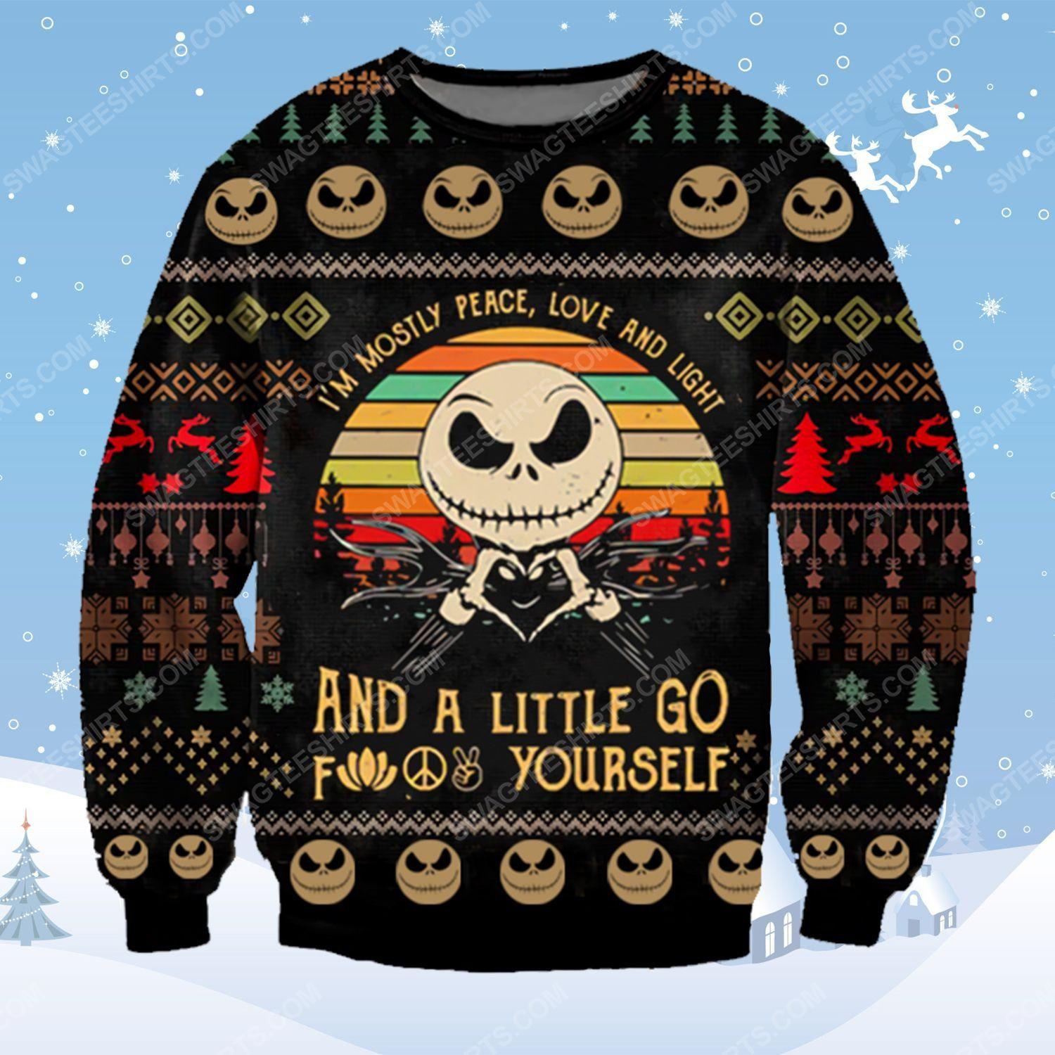 [Special Edition] Jack Skellington I’M Mostly Peace Love And Light ​Ugly Christmas Sweater – Maria