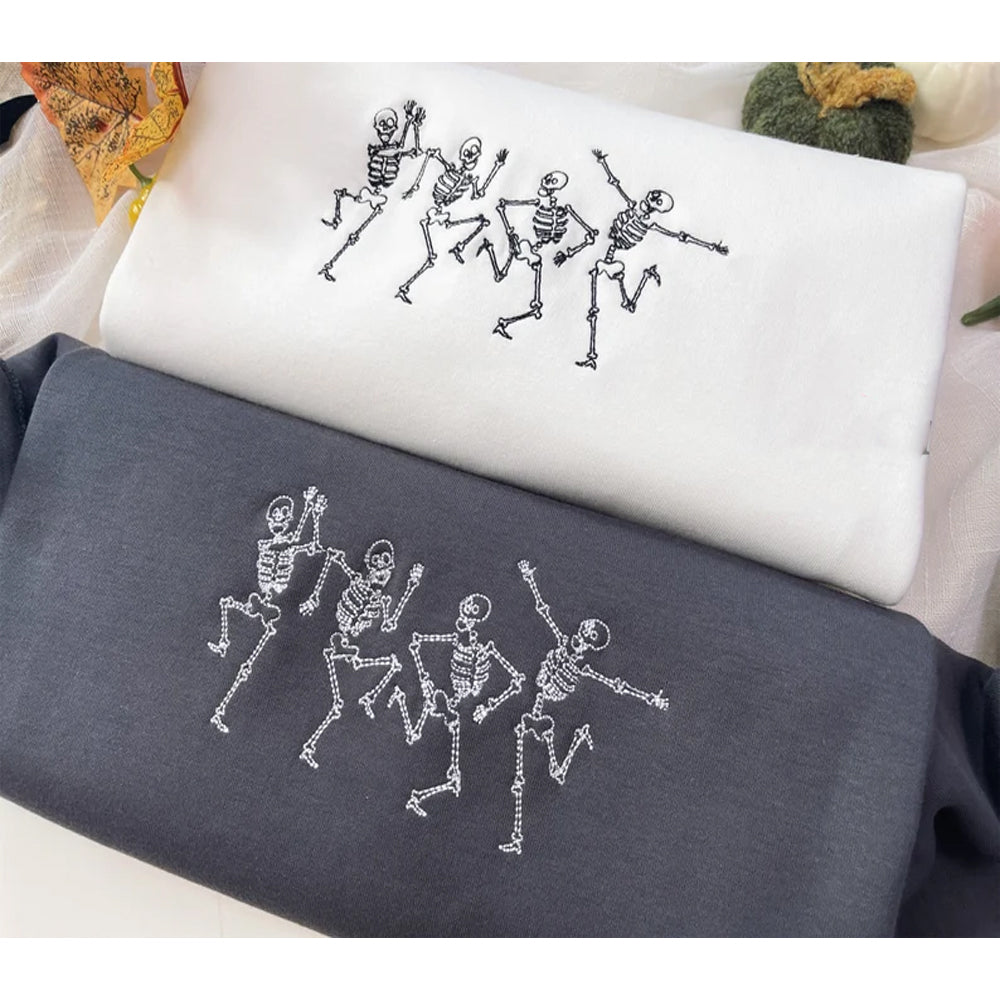 Dancing Skeleton Halloween Embroidered Sweatshirt 2D Crewneck Sweatshirt All Over Print Sweatshirt For Women Sweatshirt For Men Sws3455