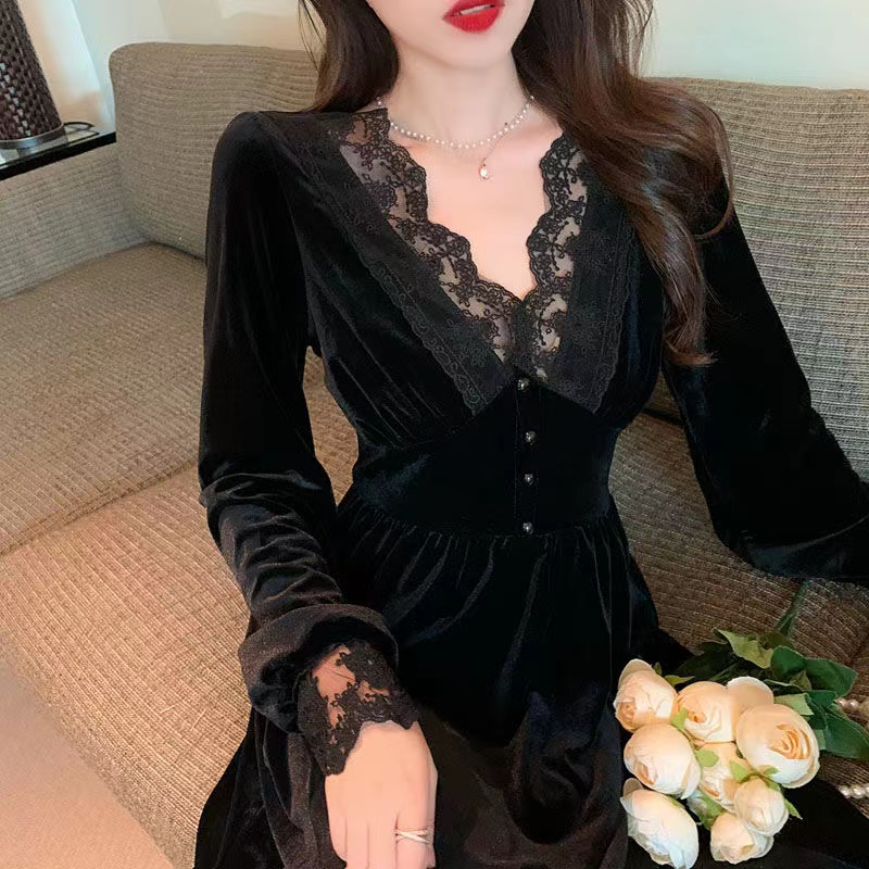 Vintage Black Velvet Women Dress Sexy V-Neck Lace Petal Sleeve Elegant Lady Midi Dresses For Party Night Vestido Negro alx