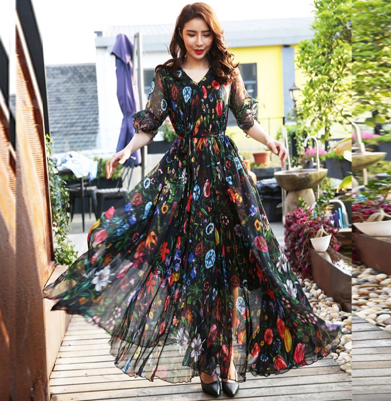 2022 New Arrivals Stars Print Plus Size Ladies Fashion Chiffon Floral Print Maxi Dress Elegant Casual Woman Daily Dress alx