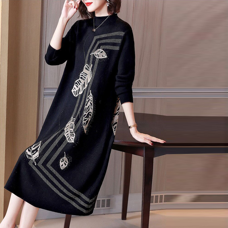 Autumn Winter Black Knitted Print Midi Dress Women Luxury Chic Long Sleeve Casual Dress 2022 Korean Vintage Sweater Party Dress alx